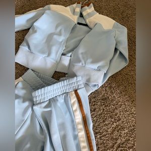 2 piece baby blue white and brown jogging jogging suit